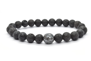Bransoletka męska z kamieni naturalnych lawy wulkanicznej i lwem z hematytu