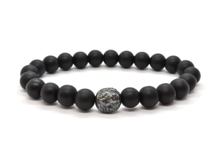 Bransoletka męska z kamieni naturalnych matowy czarny onyks i lew z hematytu