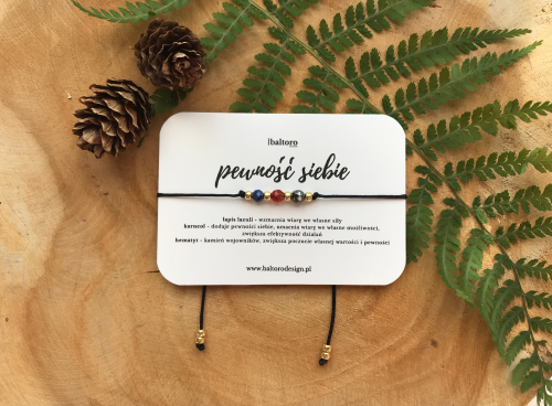Bransoletka ochronna z kamieni naturalnych na PEWNOŚĆ SIEBIE –  lapis lazuli, karneol, srebrny hematyt | Amulet na sznurku | Baltoro Design