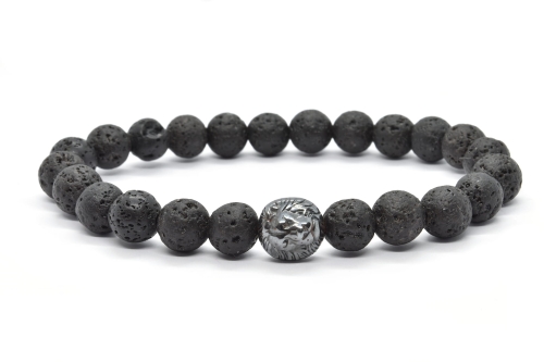 Bransoletka męska z lawy wulkanicznej i lwem z hematytu