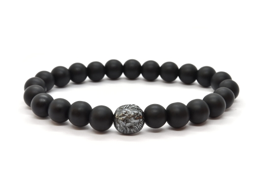 Bransoletka męska matowy czarny onyks i lew z hematytu